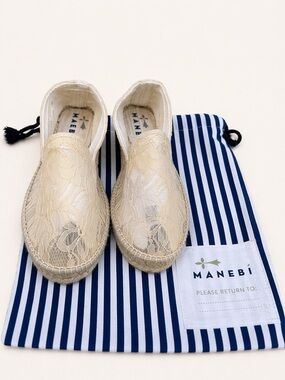 Manebí Lace Espadrilles Cream Sheer Slip On Shoes Size 38 Spain US 8